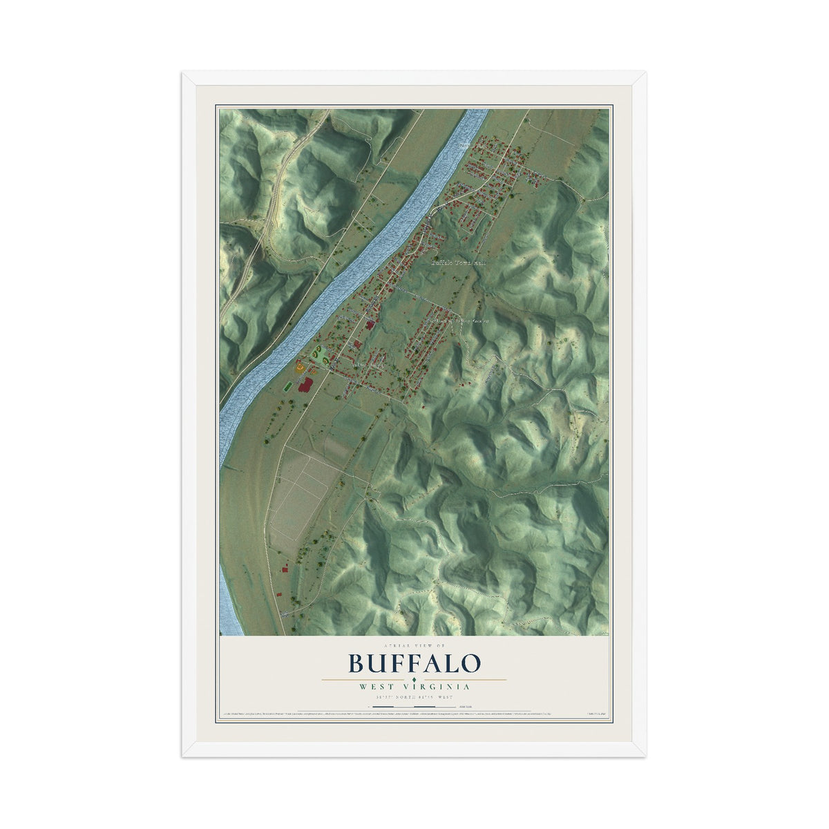 Map of Buffalo, West Virginia, 12 x 18 inch print in a white wood frame