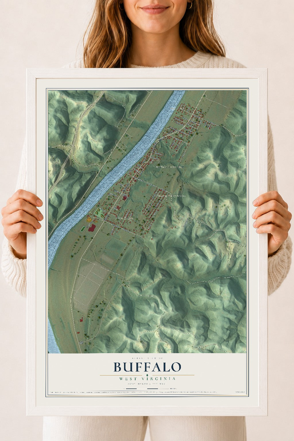 Map of Buffalo, West Virginia, 18 x 24 inch print in a white wood frame
