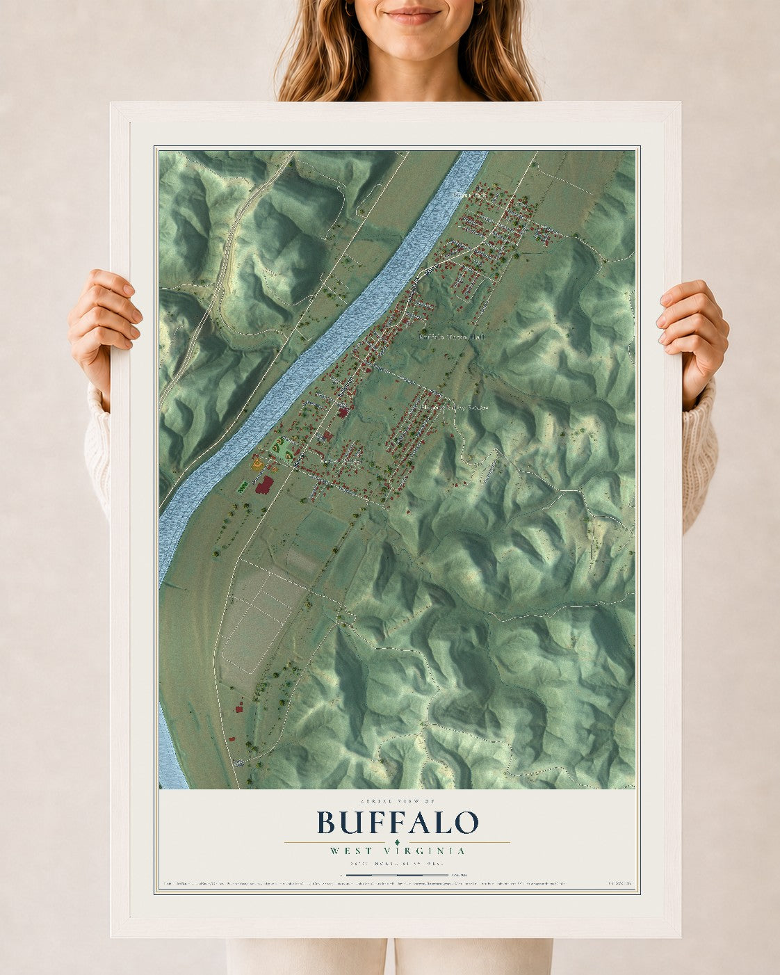 Map of Buffalo, West Virginia, 24 x 36 inch print in a white wood frame
