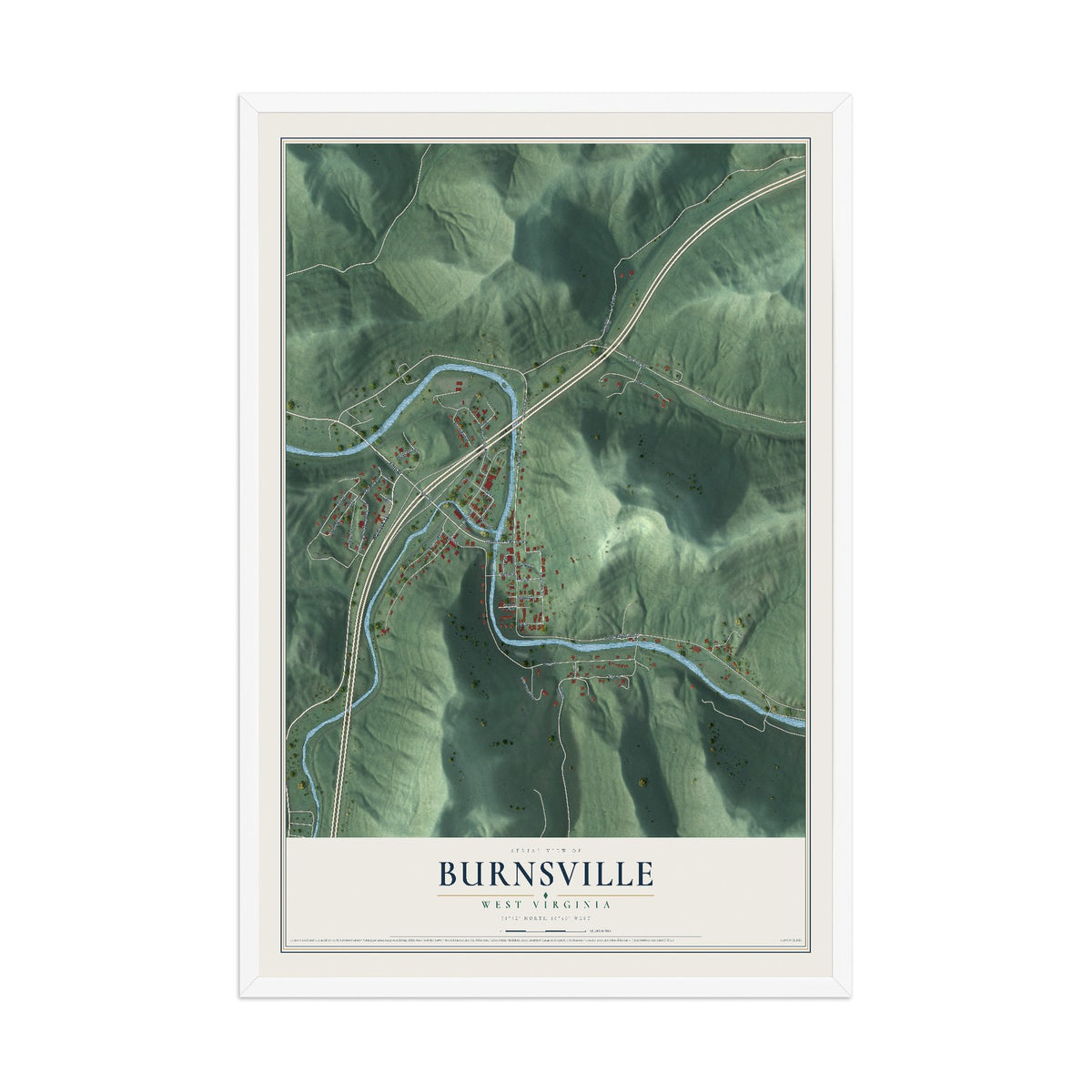 Map of Burnsville, West Virginia, 12 x 18 inch print in a white wood frame