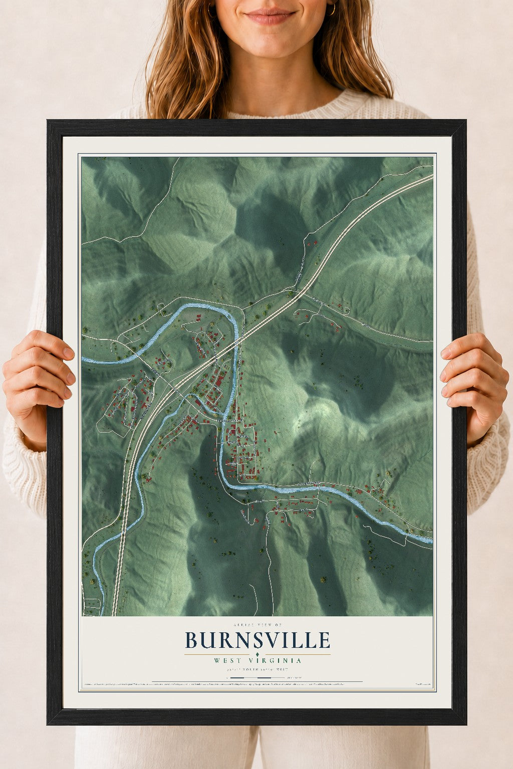 Map of Burnsville, West Virginia, 18 x 24 inch print in a black wood frame