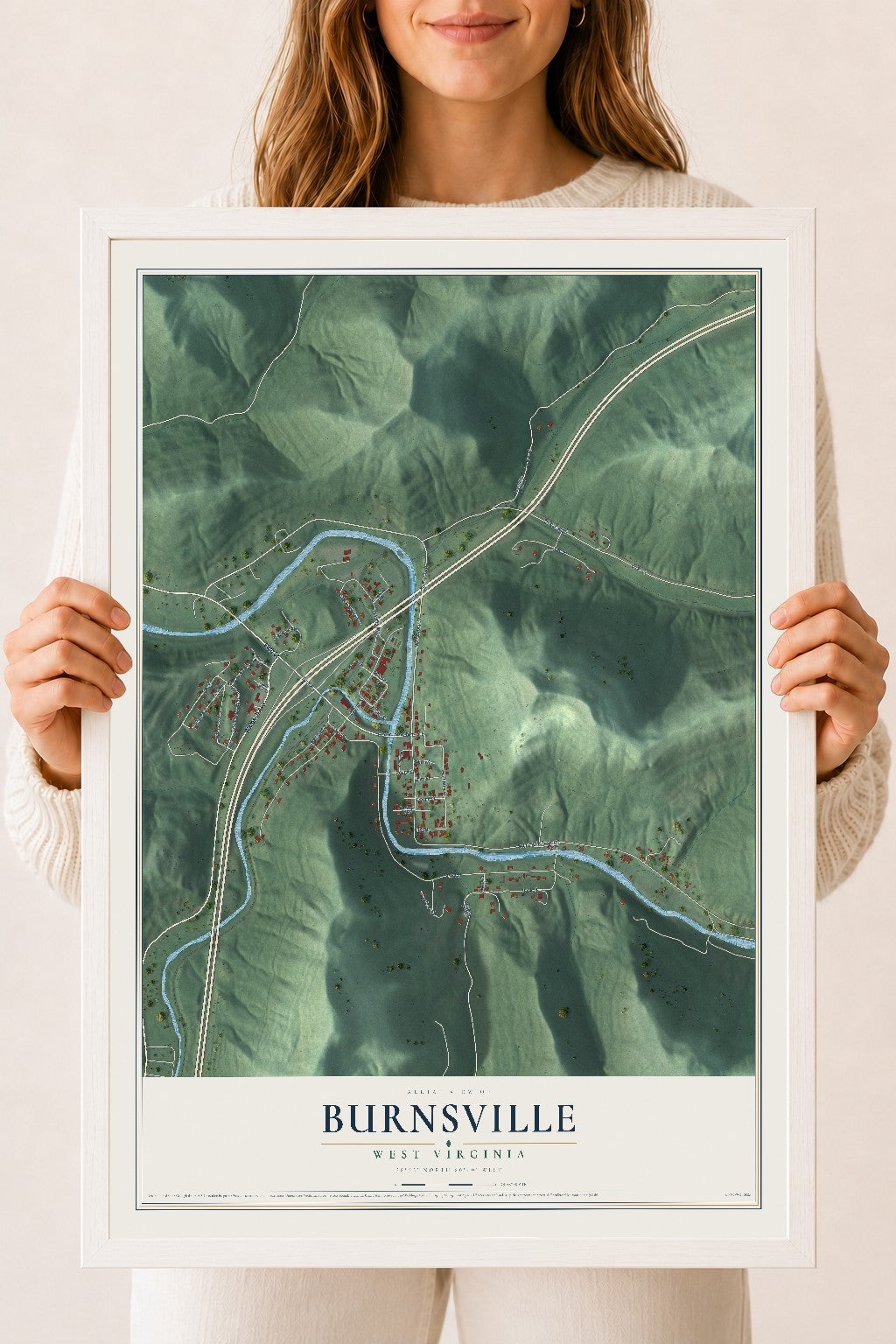 Map of Burnsville, West Virginia, 18 x 24 inch print in a white wood frame