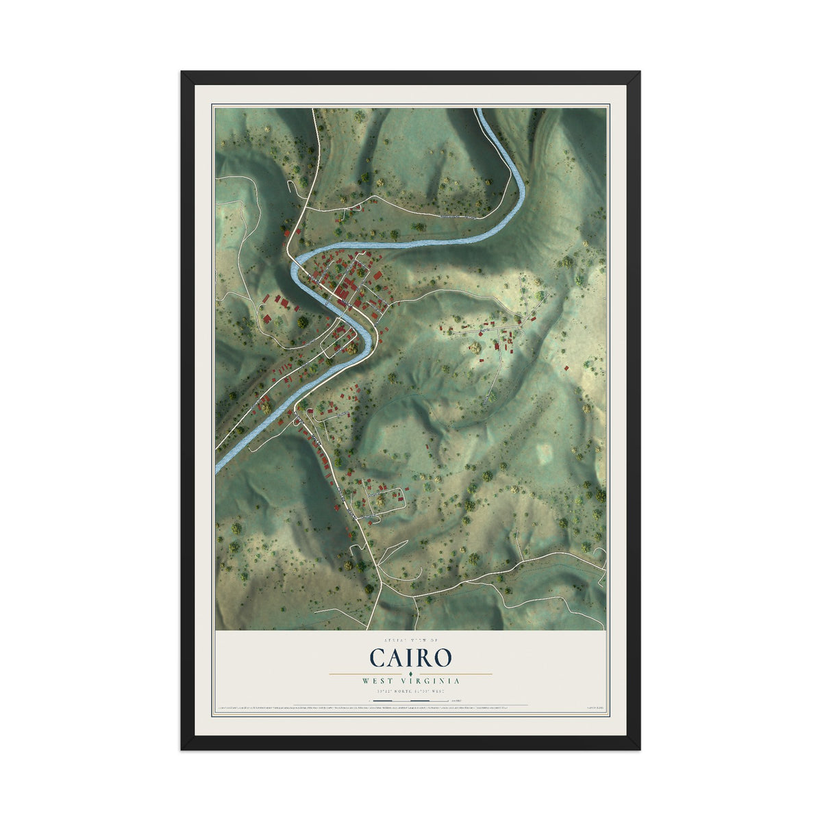 Map of Cairo, West Virginia, 12 x 18 inch print in a black wood frame