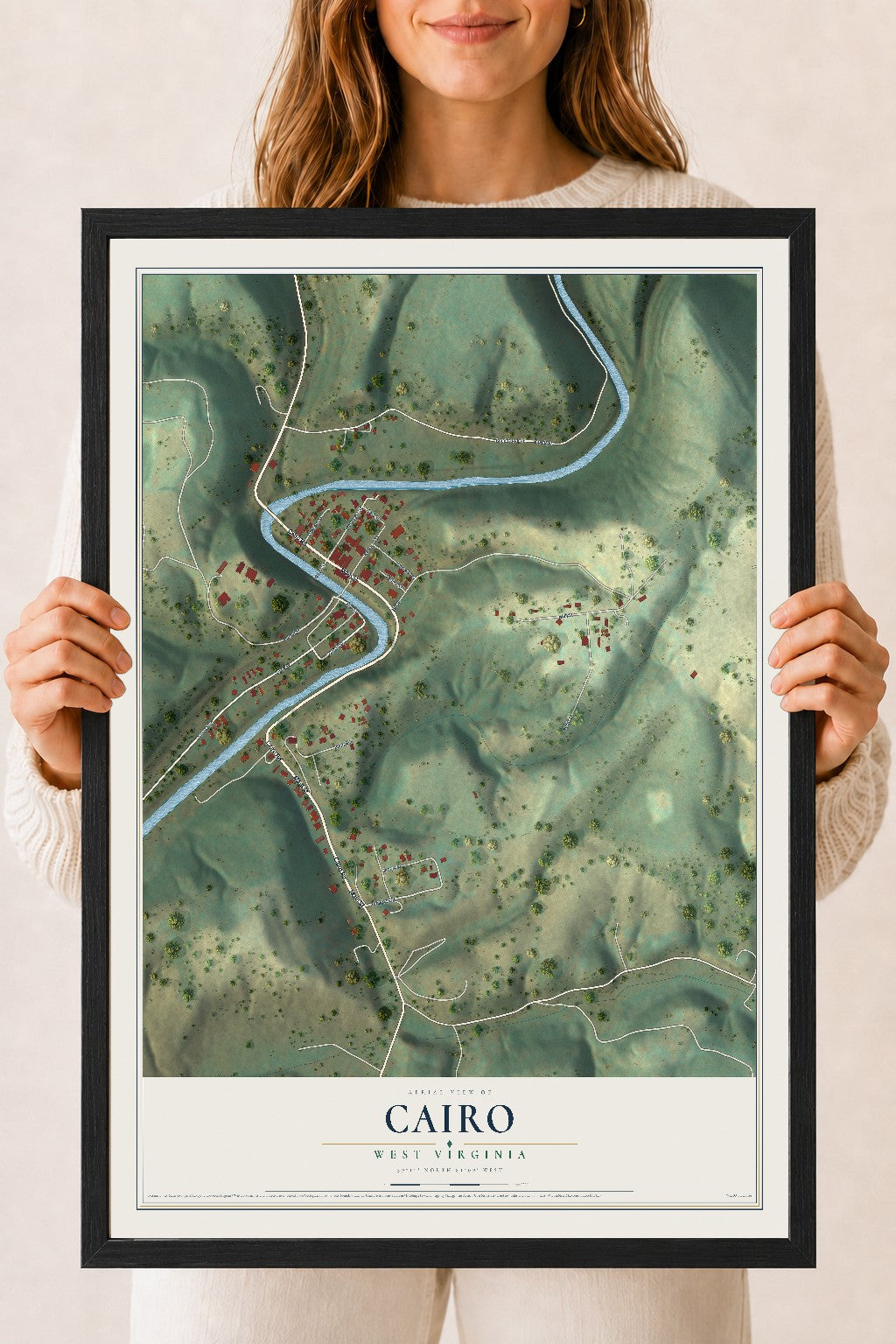 Map of Cairo, West Virginia, 18 x 24 inch print in a black wood frame