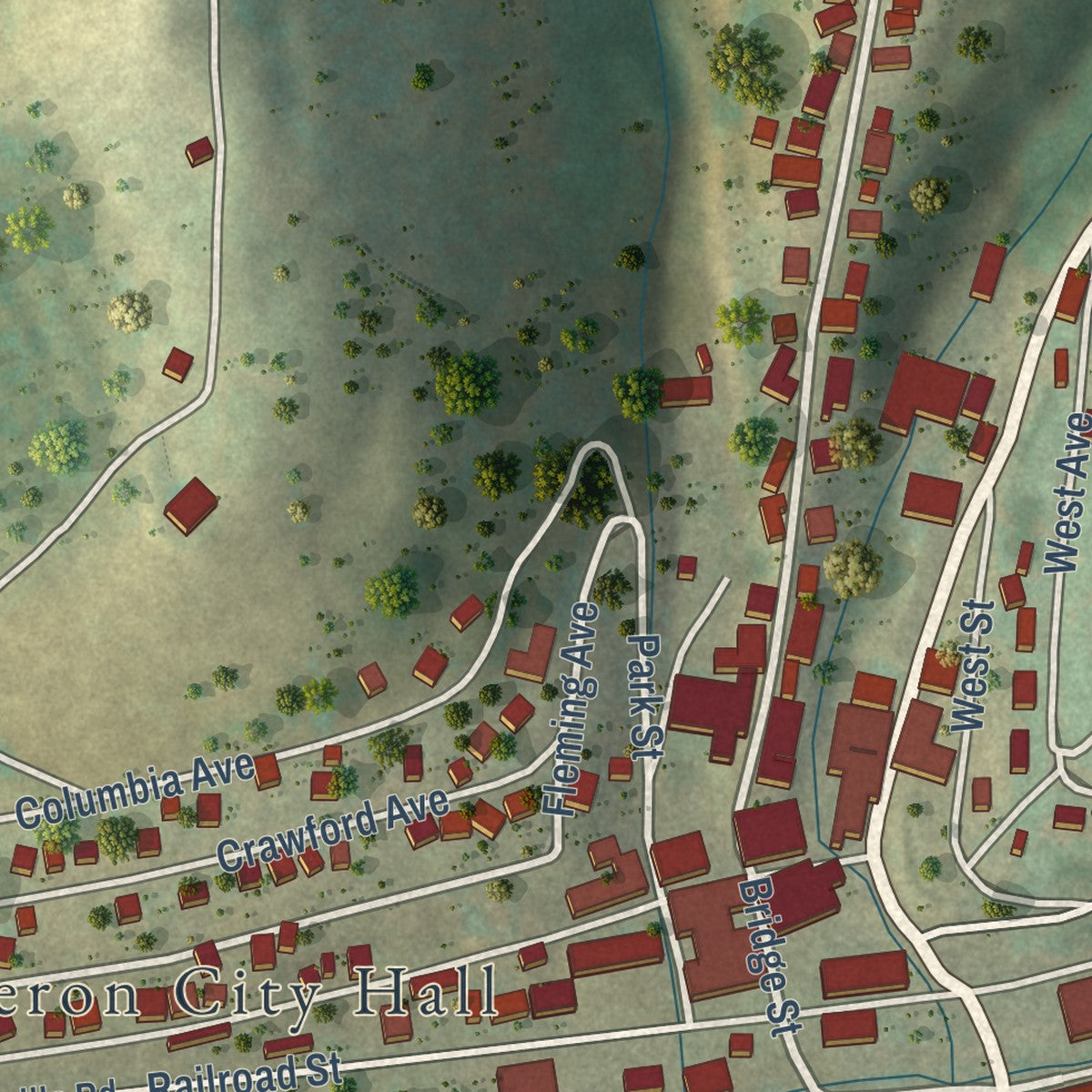Close-up of the map of Cameron, West Virginia print showing street and building detail