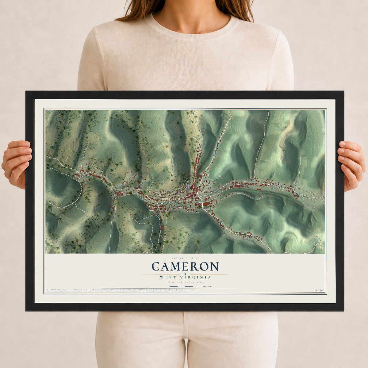 Map of Cameron, West Virginia, 12 x 18 inch print in a black wood frame