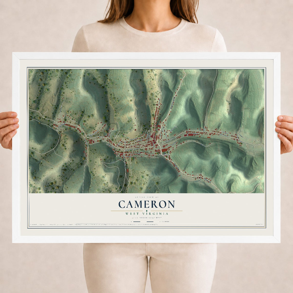 Map of Cameron, West Virginia, 18 x 24 inch print in a white wood frame