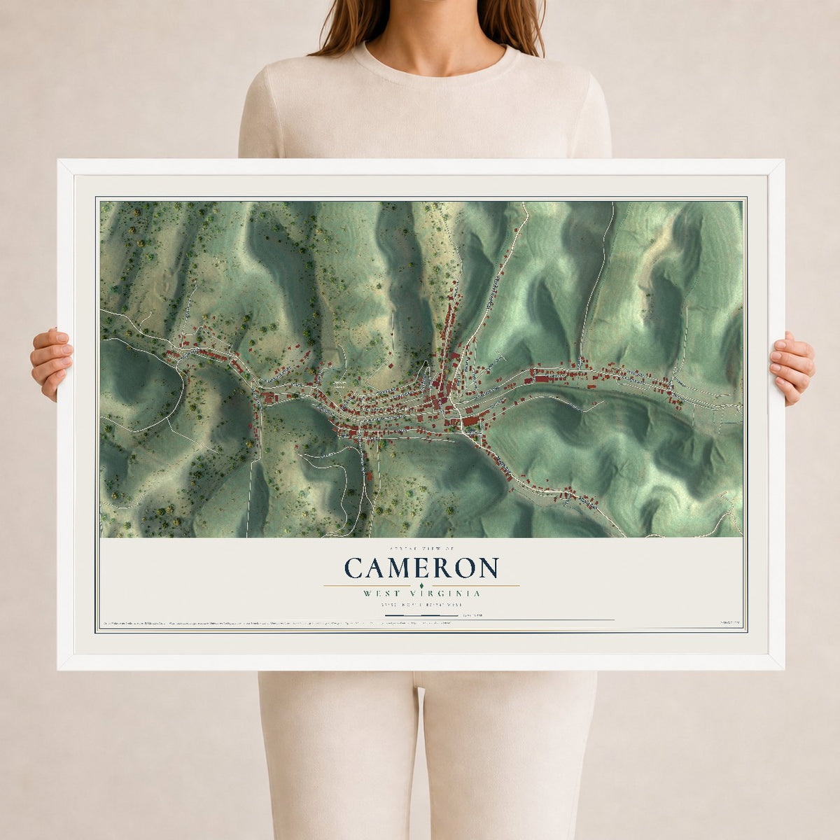 Map of Cameron, West Virginia, 24 x 36 inch print in a white wood frame