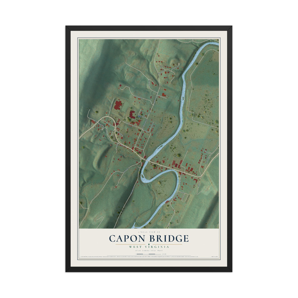 Map of Capon Bridge, West Virginia, 12 x 18 inch print in a black wood frame