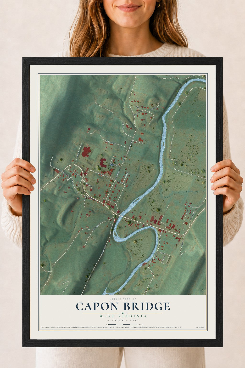 Map of Capon Bridge, West Virginia, 18 x 24 inch print in a black wood frame