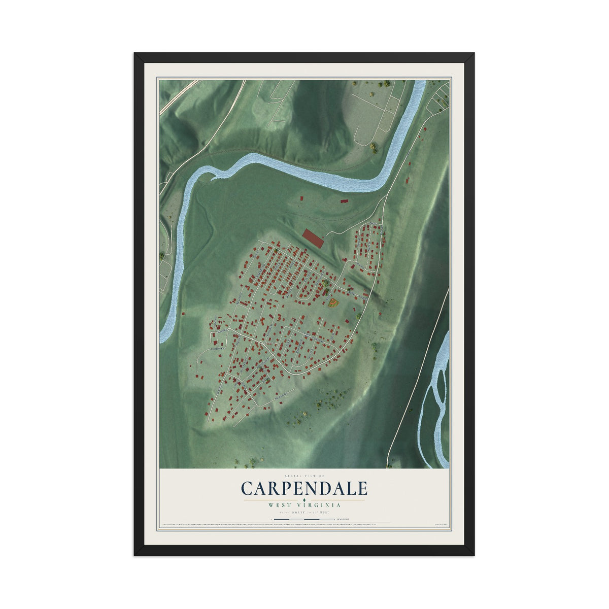 Map of Carpendale, West Virginia, 12 x 18 inch print in a black wood frame