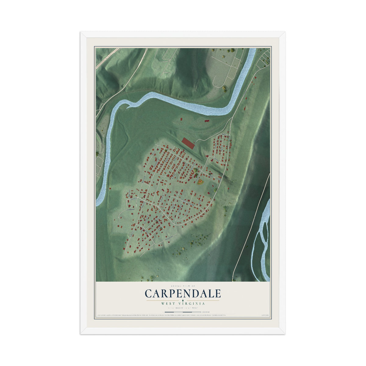 Map of Carpendale, West Virginia, 12 x 18 inch print in a white wood frame