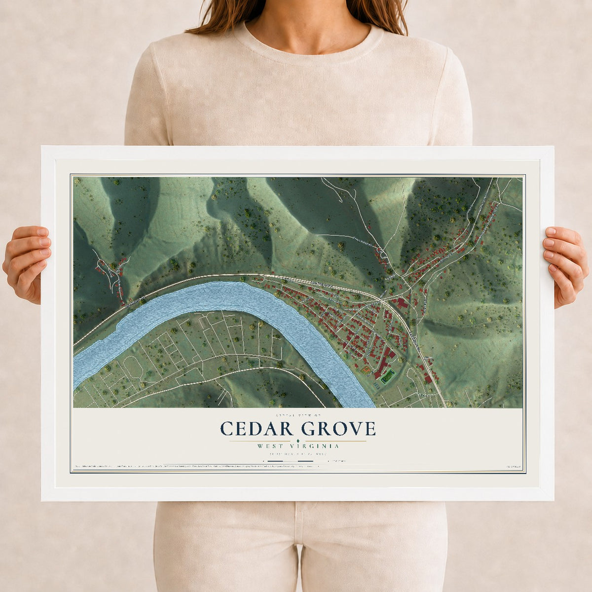 Map of Cedar Grove, West Virginia, 12 x 18 inch print in a white wood frame