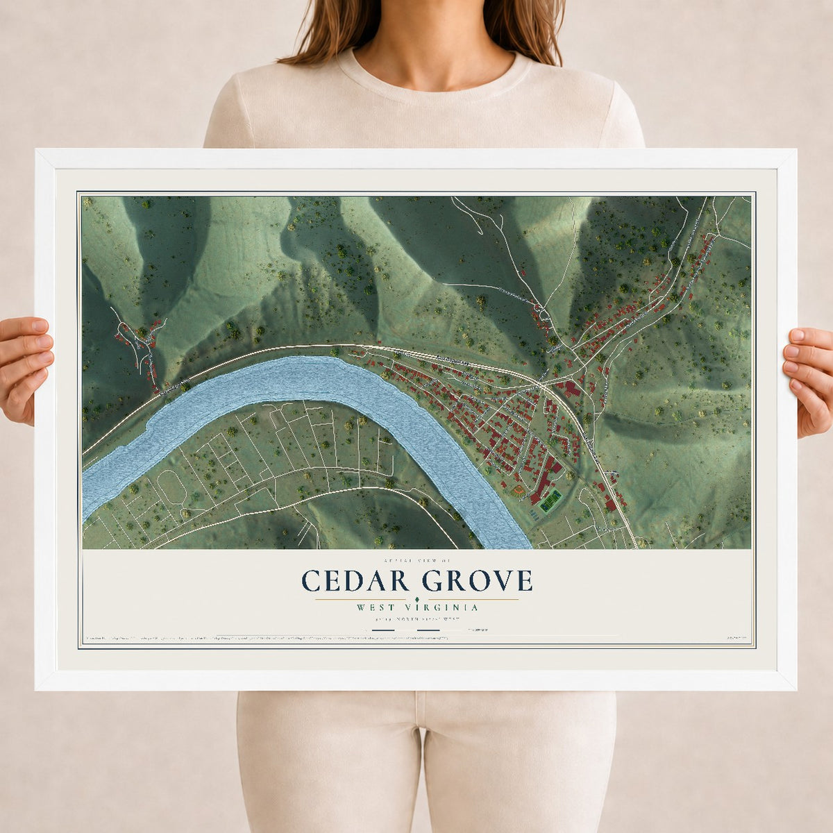 Map of Cedar Grove, West Virginia, 18 x 24 inch print in a white wood frame