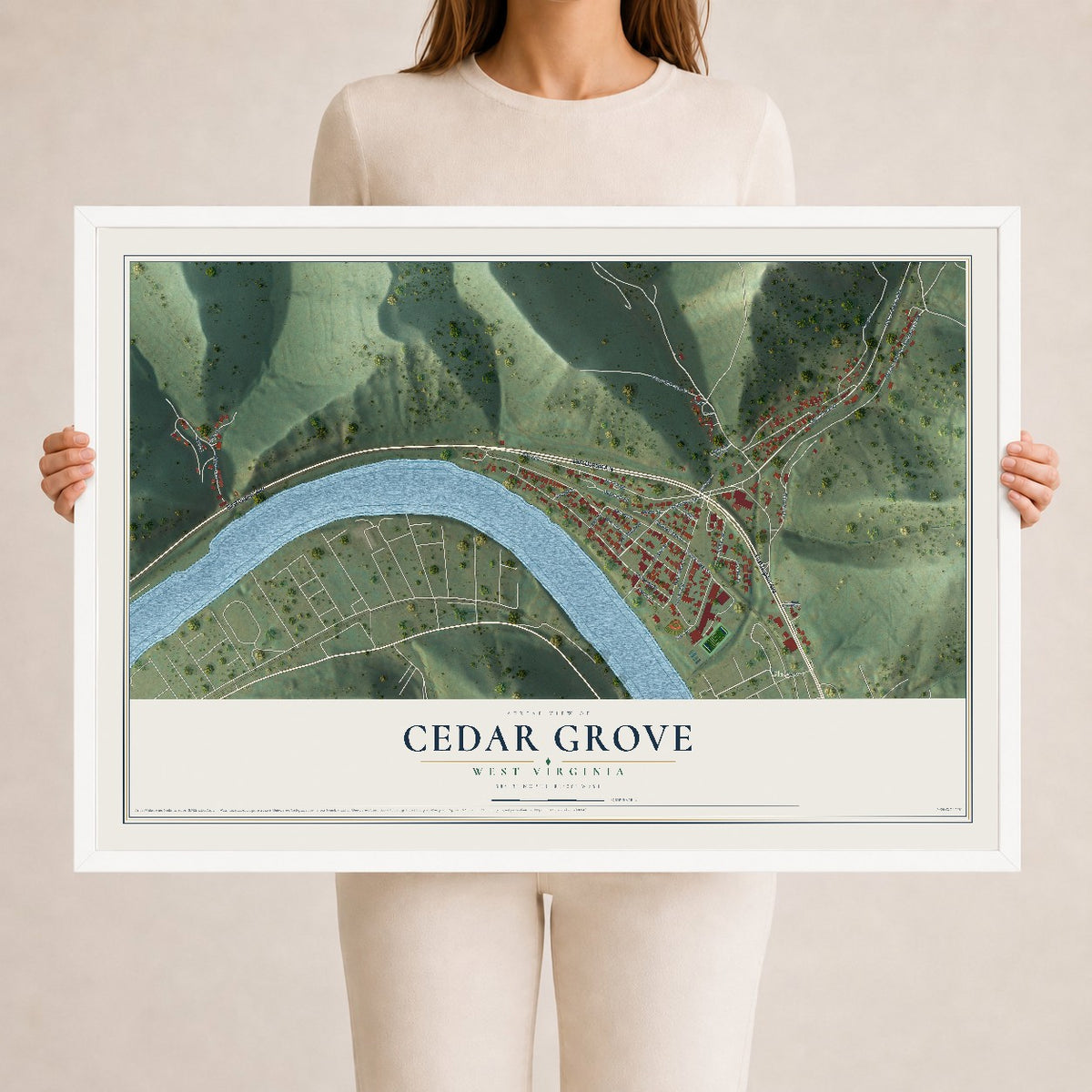 Map of Cedar Grove, West Virginia, 24 x 36 inch print in a white wood frame