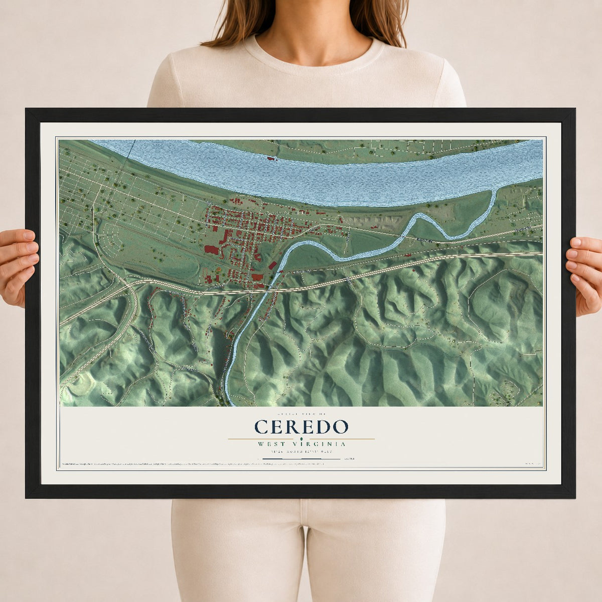Map of Ceredo, West Virginia, 18 x 24 inch print in a black wood frame