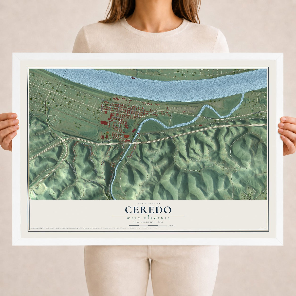 Map of Ceredo, West Virginia, 18 x 24 inch print in a white wood frame