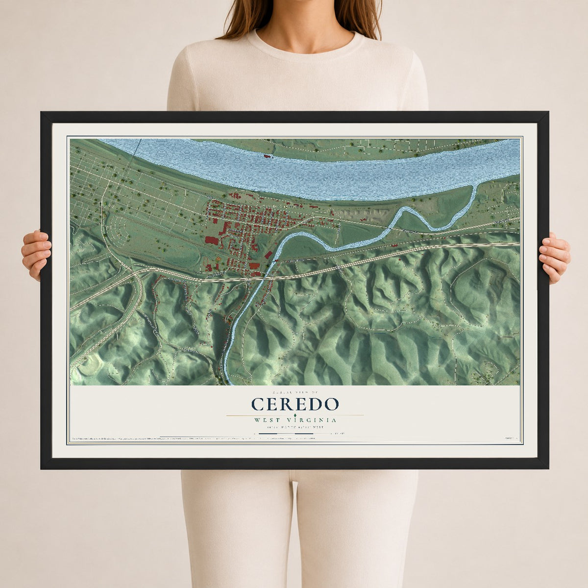 Map of Ceredo, West Virginia, 24 x 36 inch print in a black wood frame