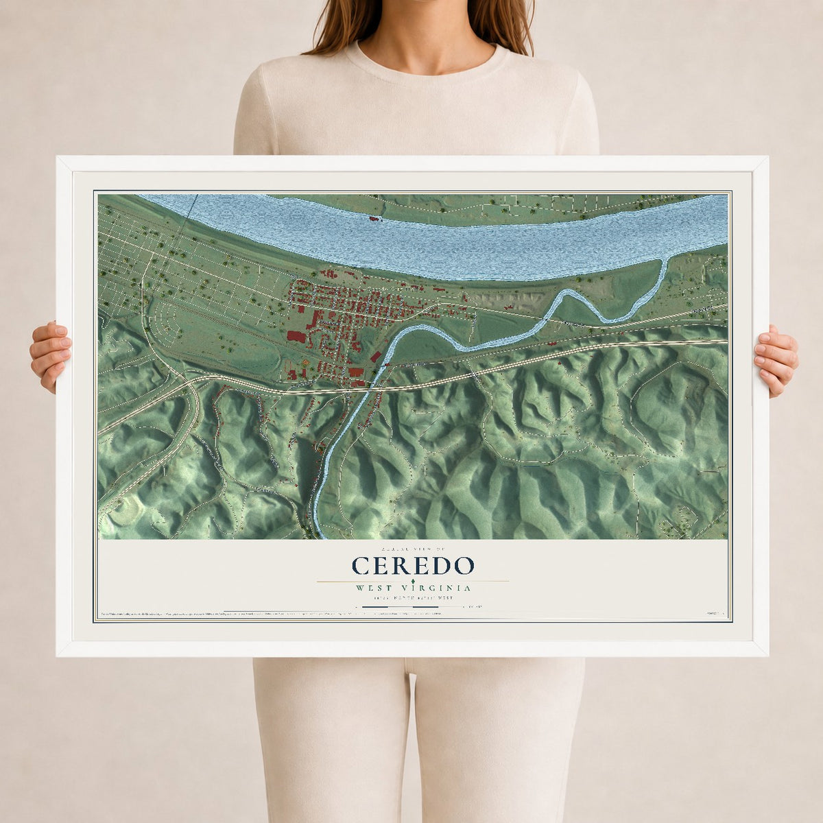 Map of Ceredo, West Virginia, 24 x 36 inch print in a white wood frame