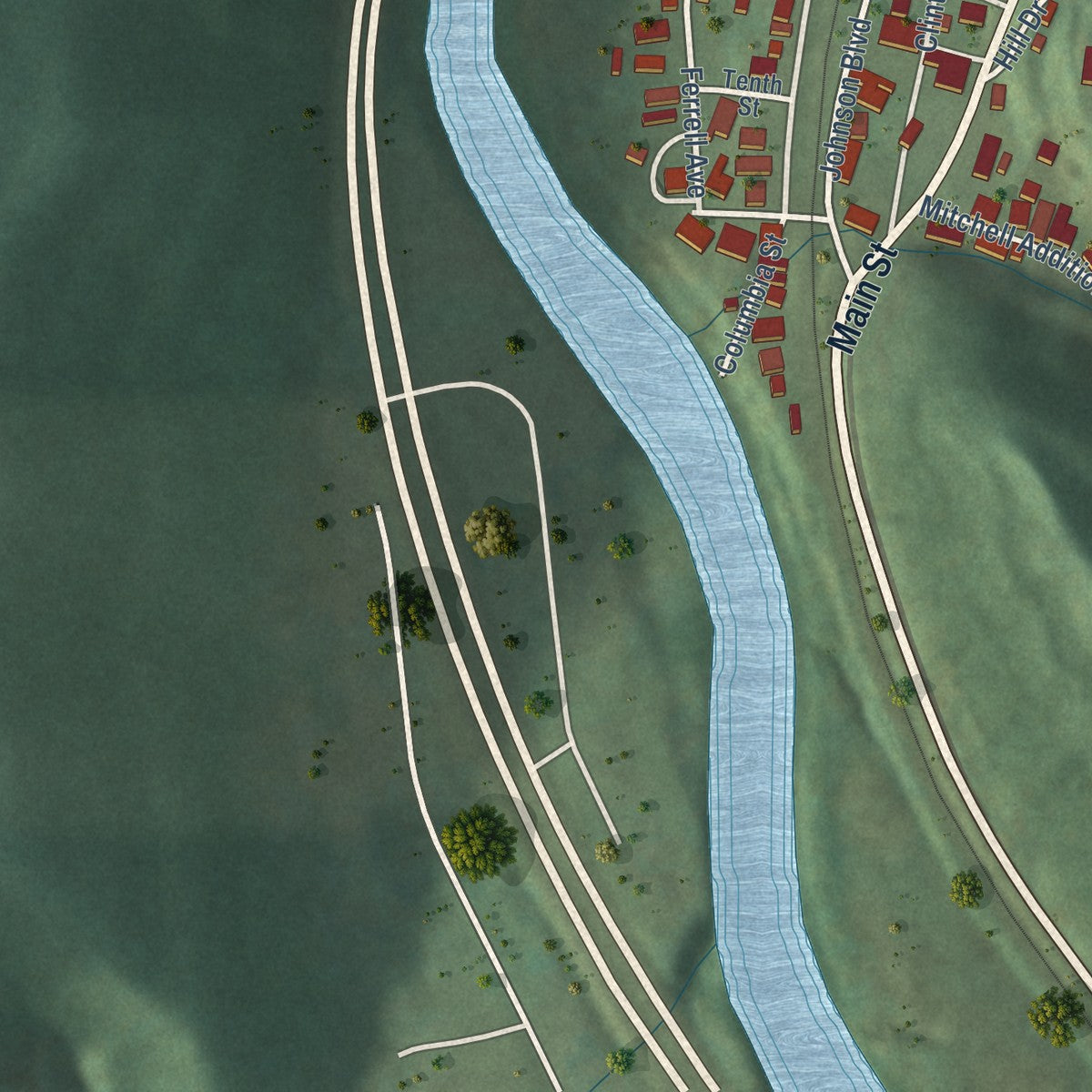 Second close-up of the map of Chapmanville, West Virginia print showing more streets and buildings
