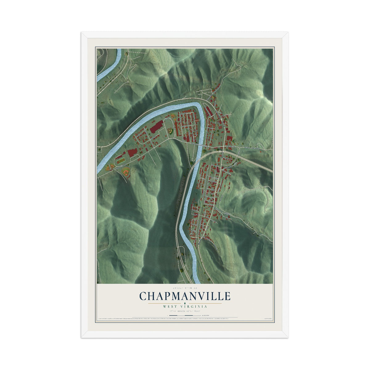 Map of Chapmanville, West Virginia, 12 x 18 inch print in a white wood frame