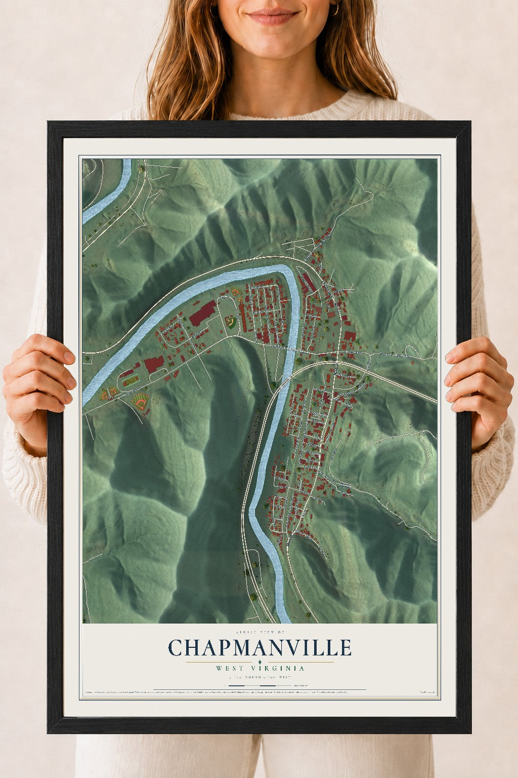 Map of Chapmanville, West Virginia, 18 x 24 inch print in a black wood frame