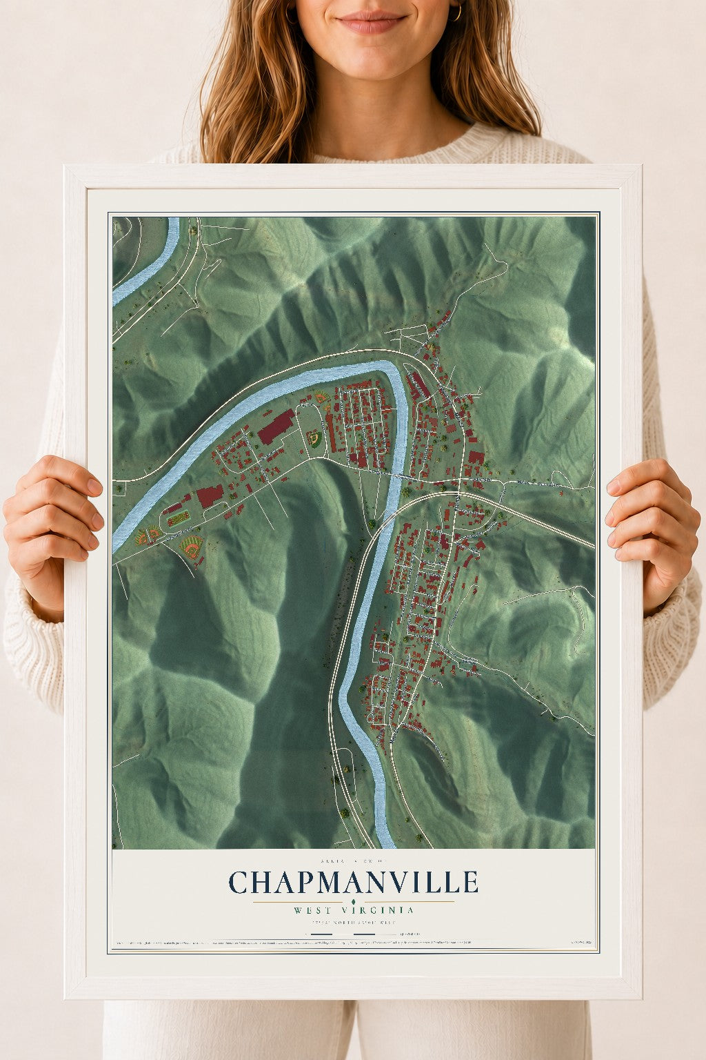 Map of Chapmanville, West Virginia, 18 x 24 inch print in a white wood frame