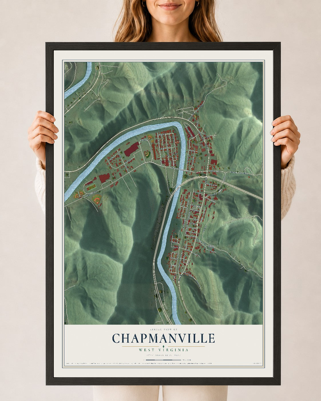 Map of Chapmanville, West Virginia, 24 x 36 inch print in a black wood frame