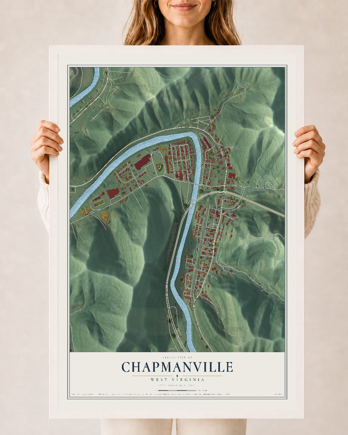 Map of Chapmanville, West Virginia, 24 x 36 inch print in a white wood frame