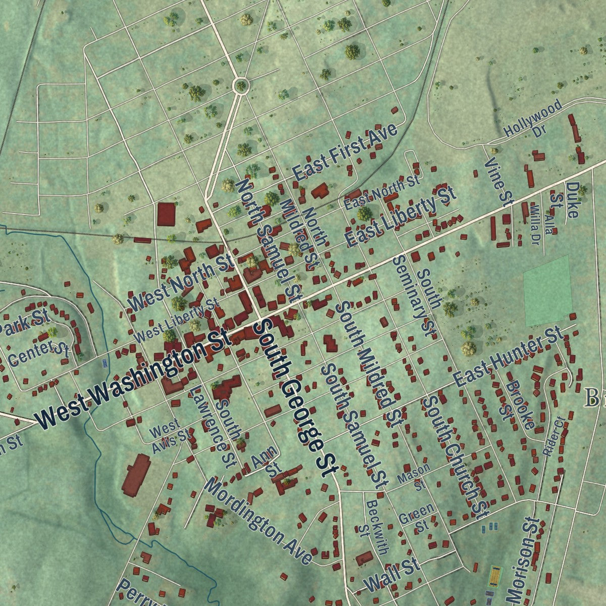 Close-up of the map of Charles Town, West Virginia print showing street and building detail