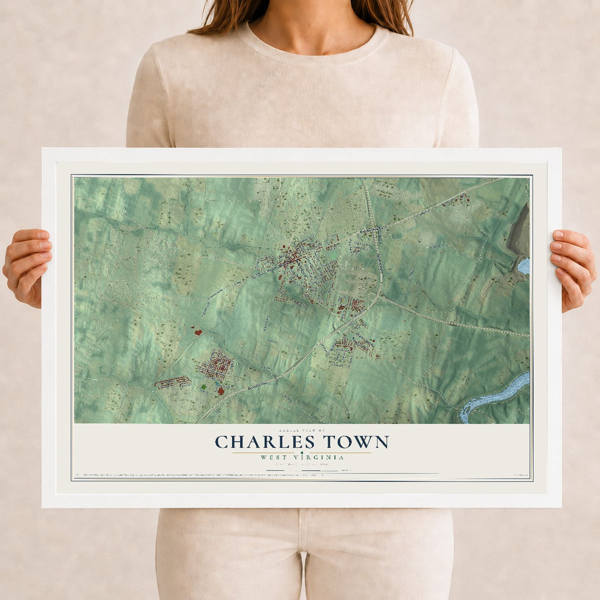 Map of Charles Town, West Virginia, 12 x 18 inch print in a white wood frame