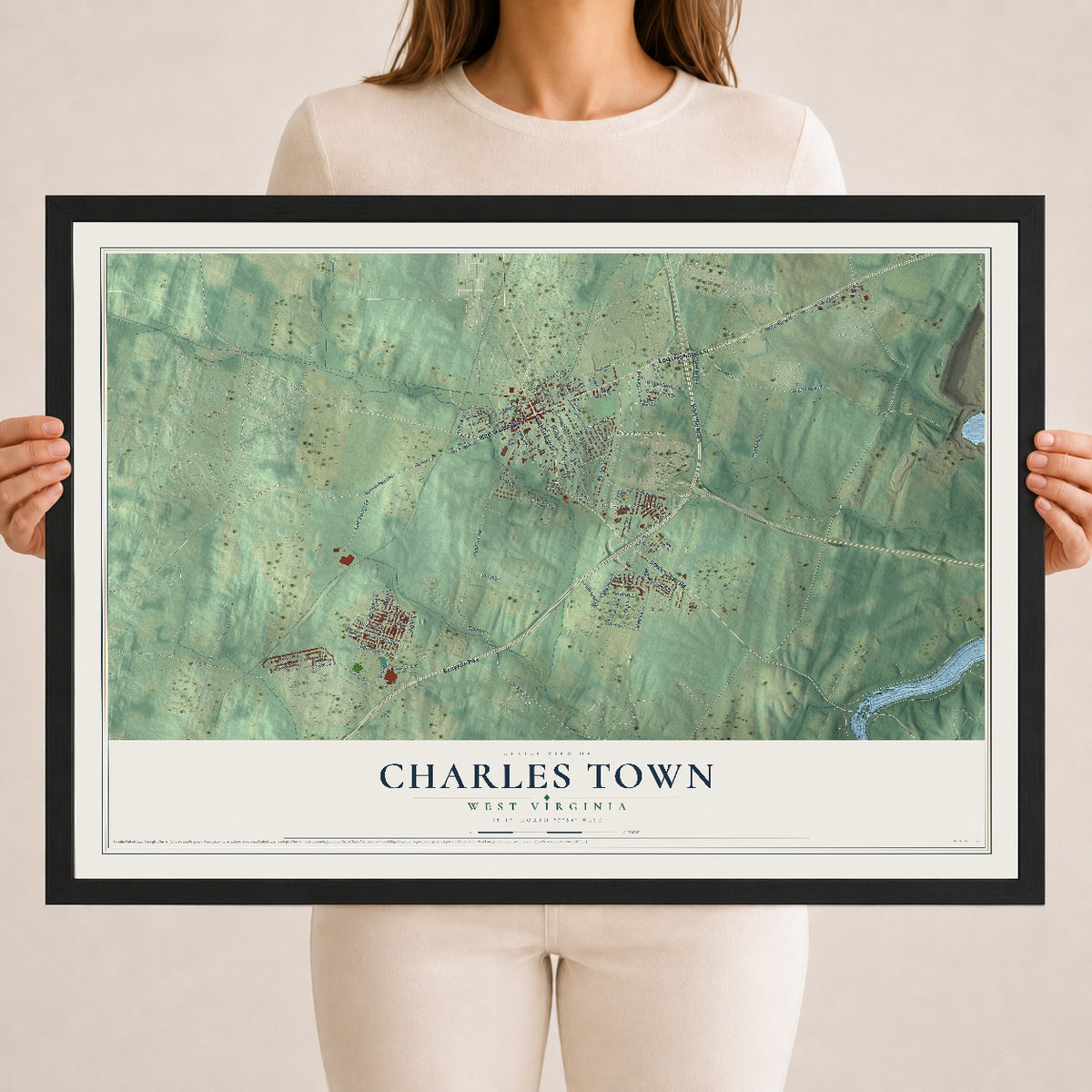 Map of Charles Town, West Virginia, 18 x 24 inch print in a black wood frame