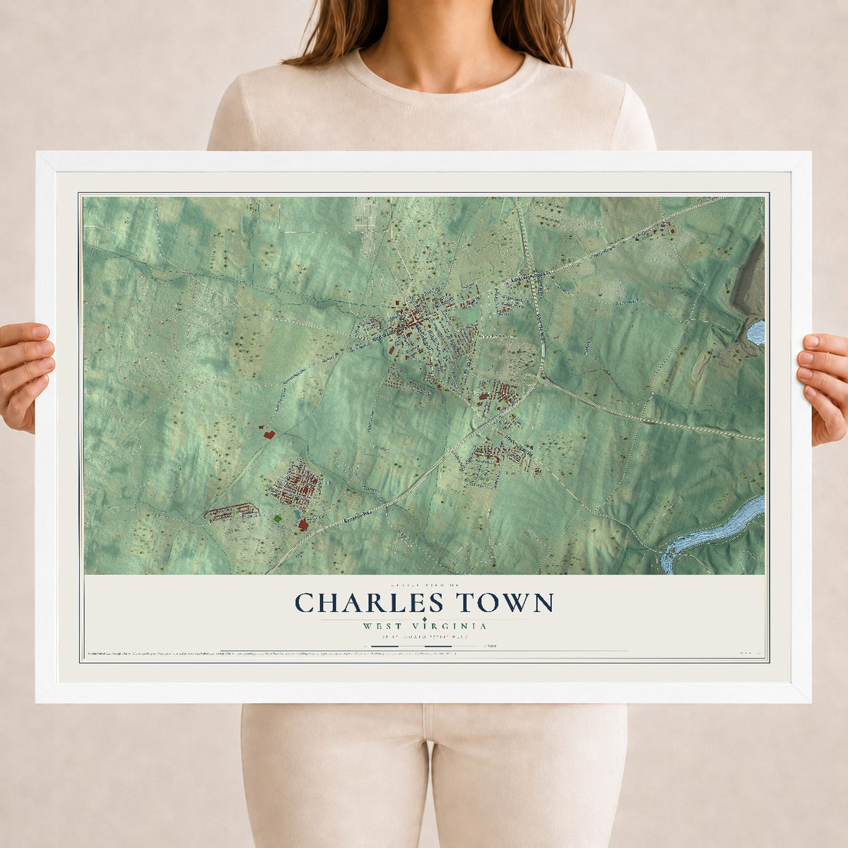 Map of Charles Town, West Virginia, 18 x 24 inch print in a white wood frame
