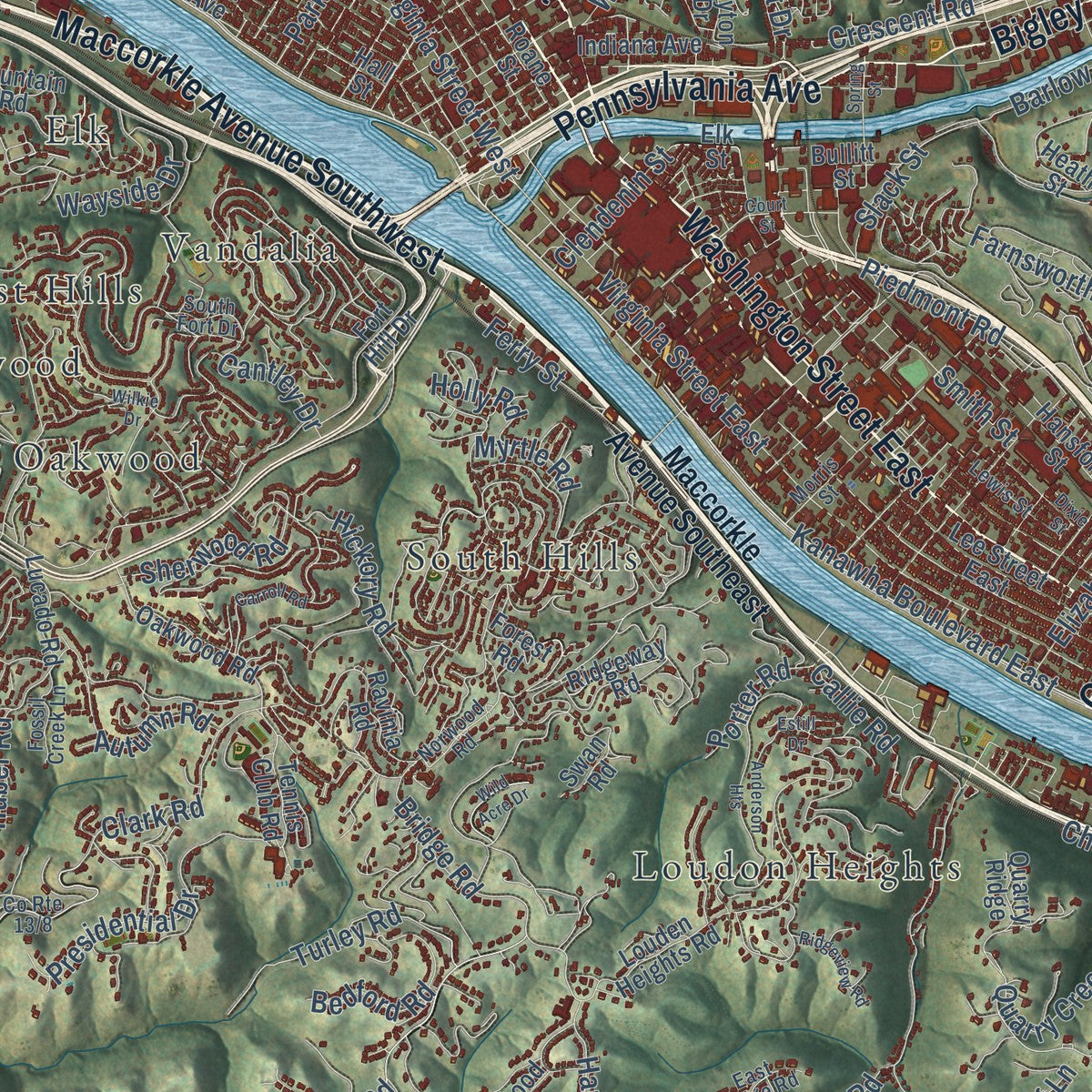 Close-up of the map of Charleston, West Virginia print showing street and building detail