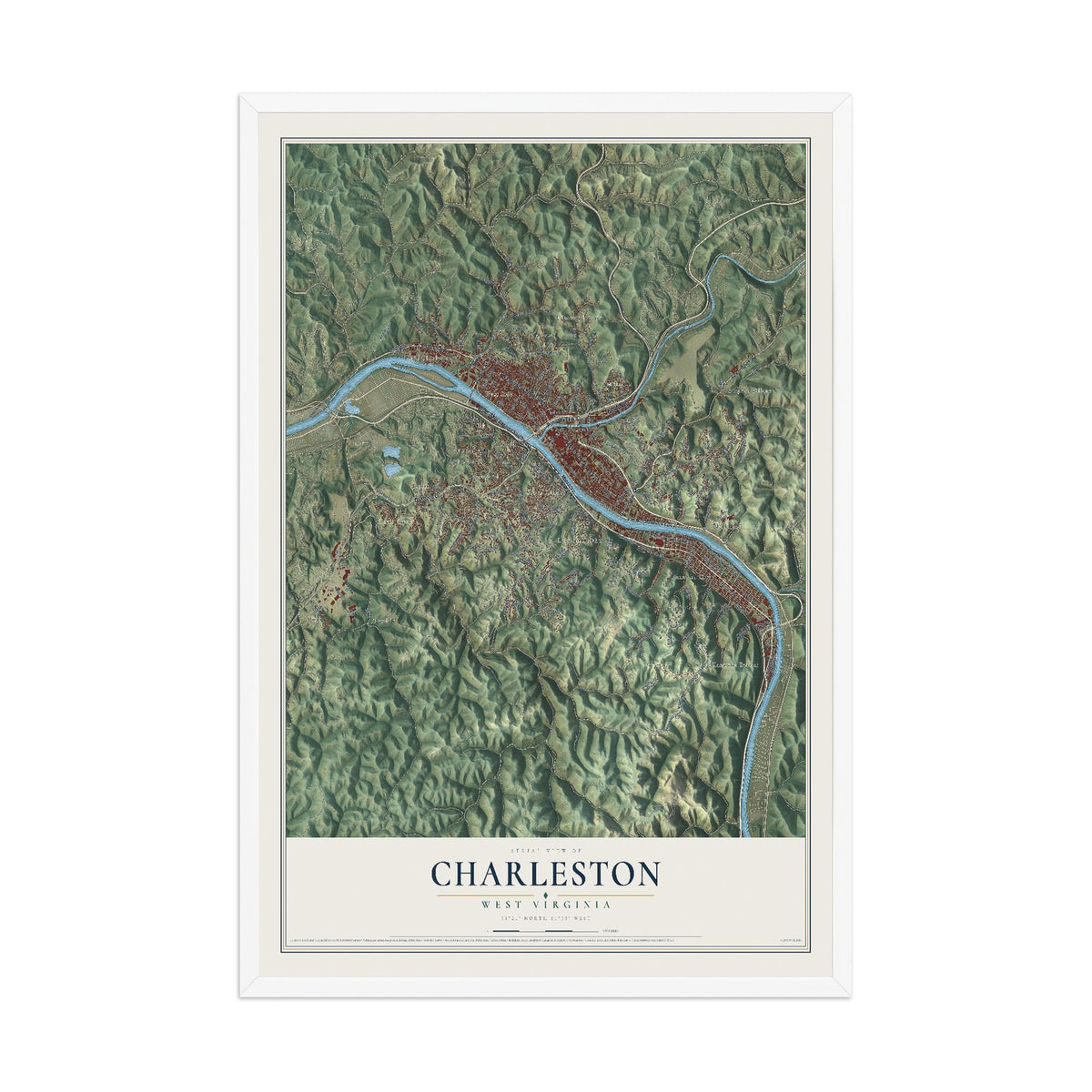Map of Charleston, West Virginia, 12 x 18 inch print in a white wood frame