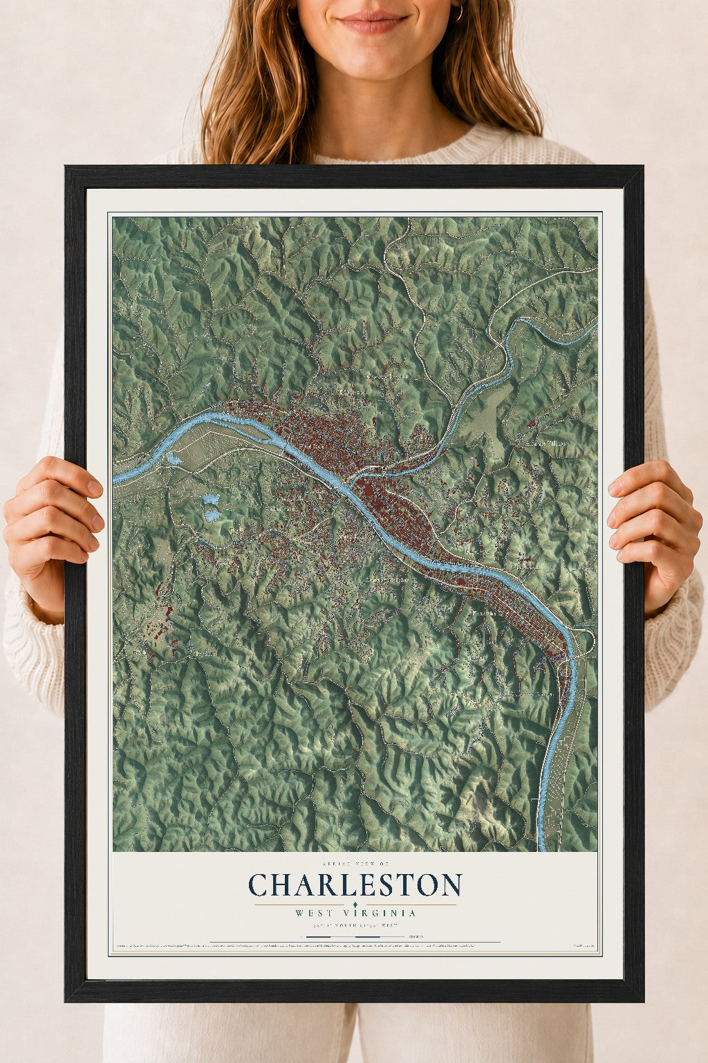 Map of Charleston, West Virginia, 18 x 24 inch print in a black wood frame