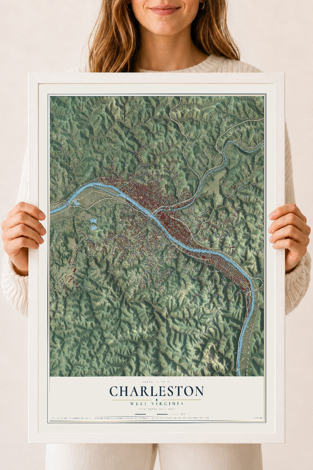Map of Charleston, West Virginia, 18 x 24 inch print in a white wood frame