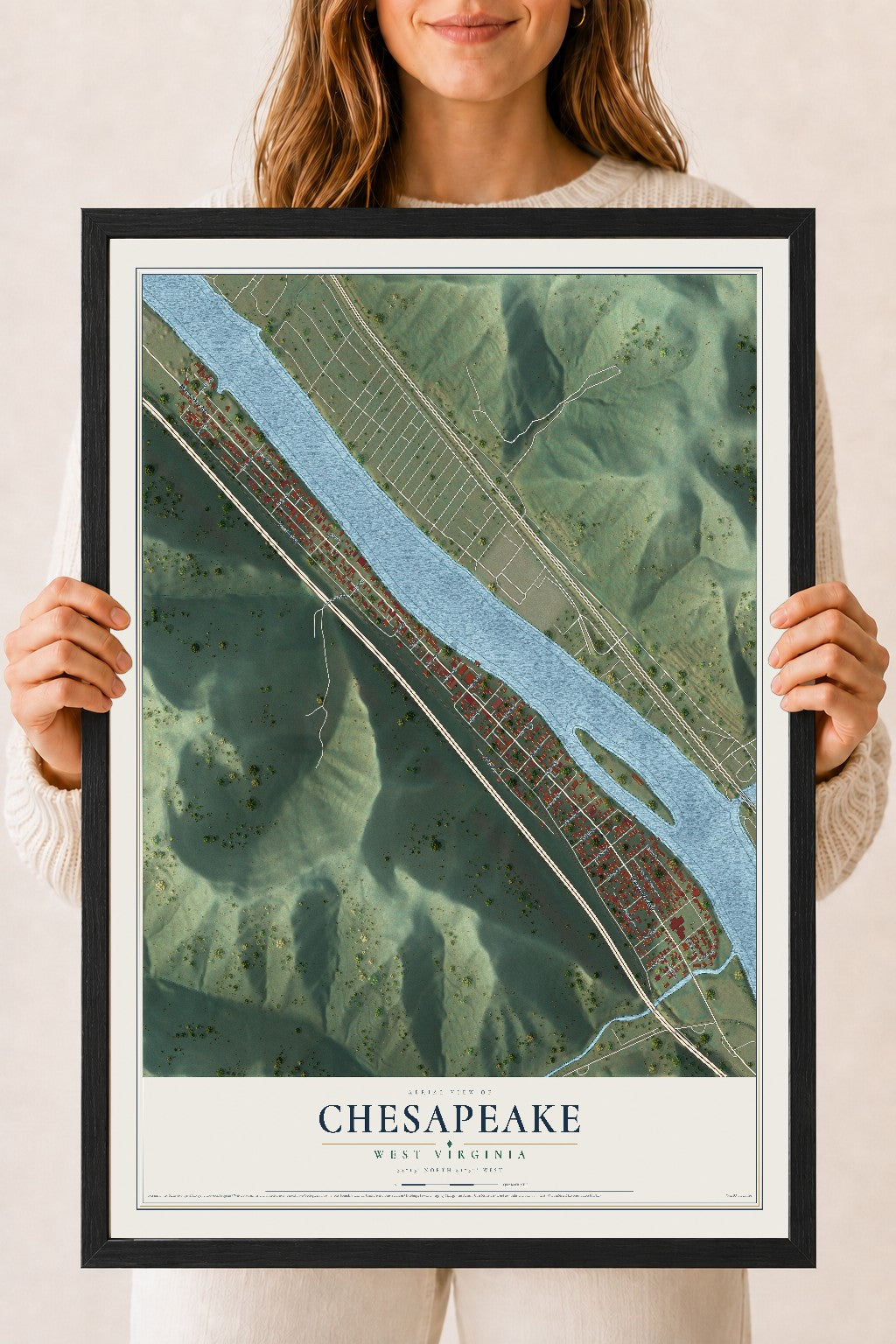 Map of Chesapeake, West Virginia, 18 x 24 inch print in a black wood frame