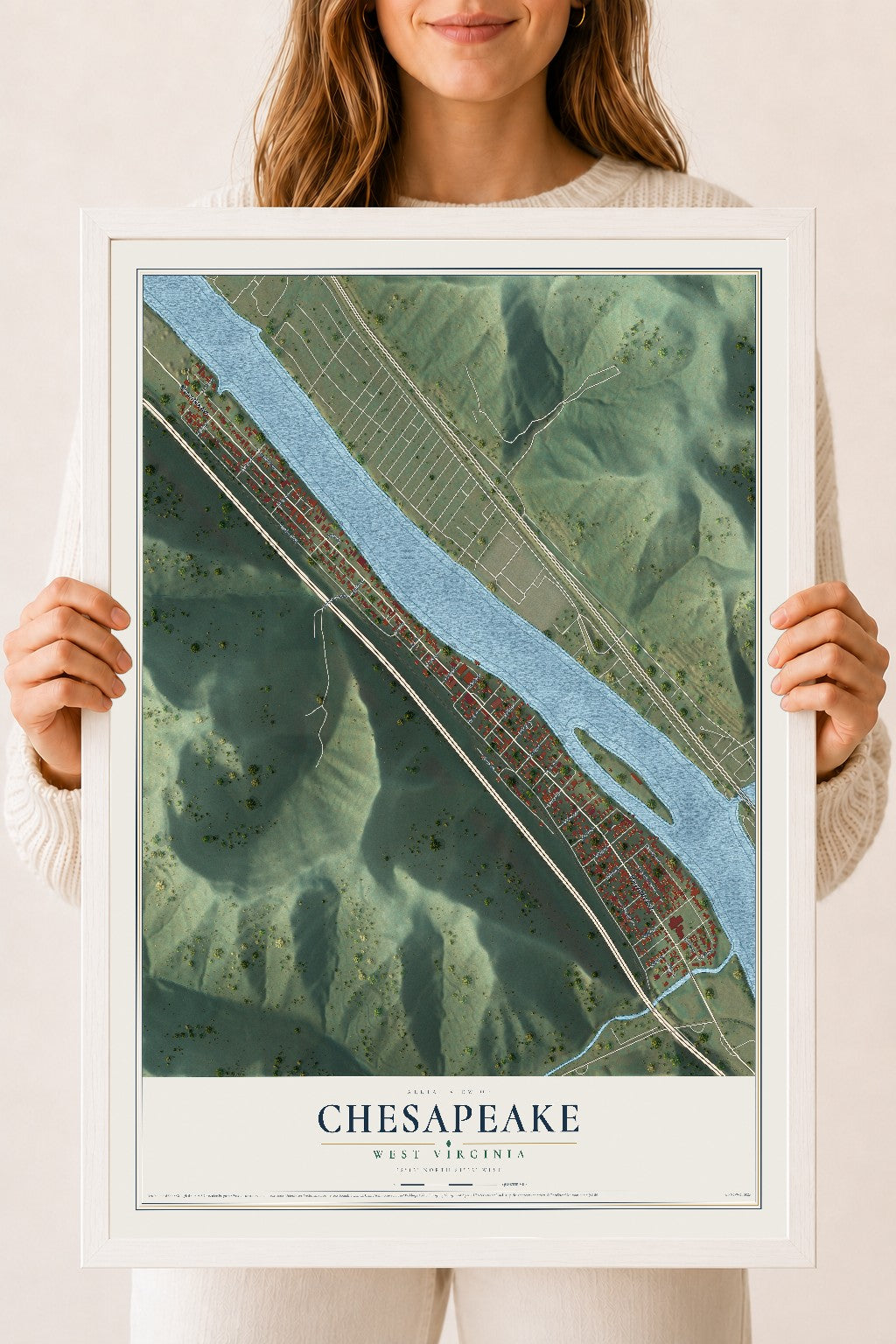 Map of Chesapeake, West Virginia, 18 x 24 inch print in a white wood frame