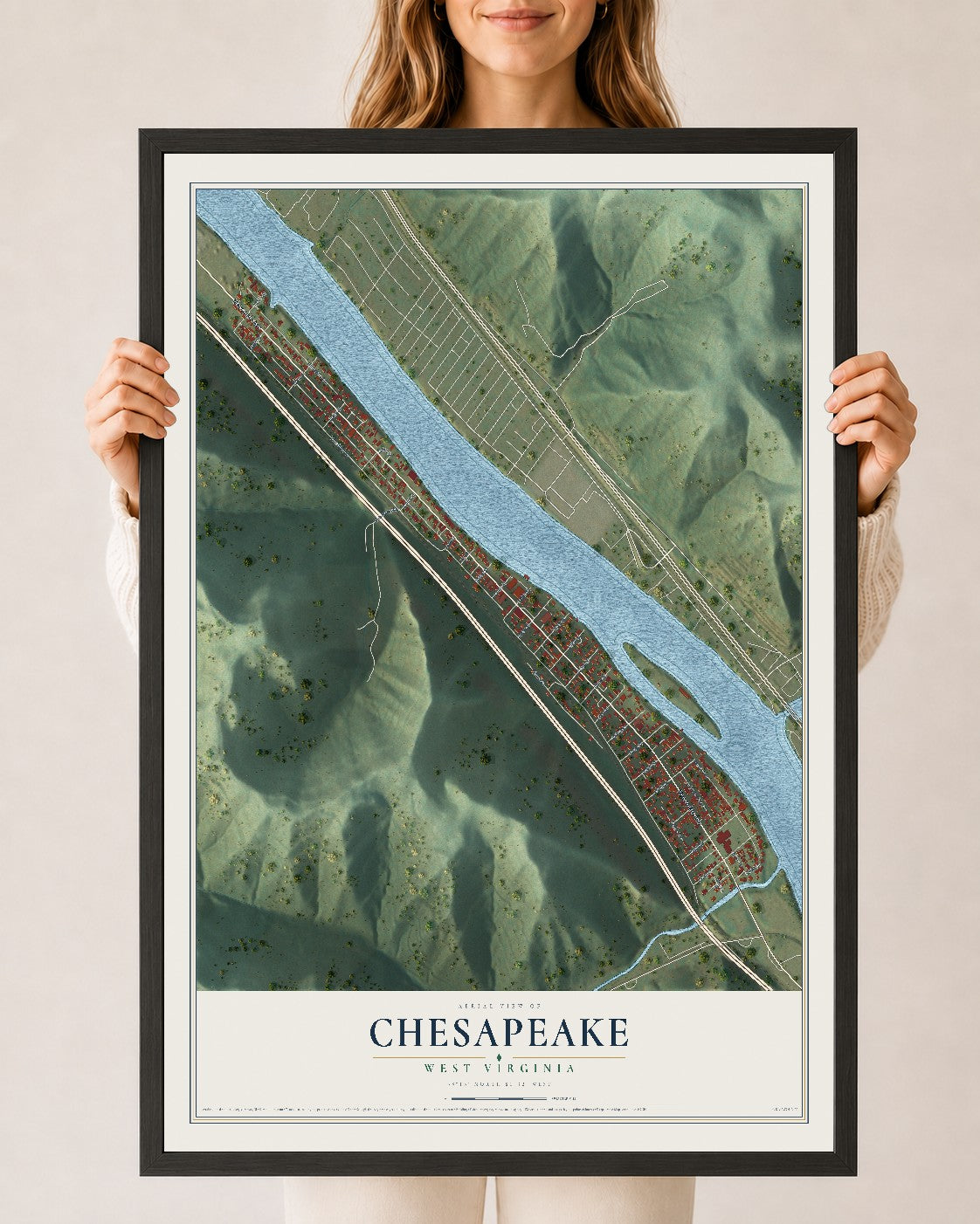 Map of Chesapeake, West Virginia, 24 x 36 inch print in a black wood frame