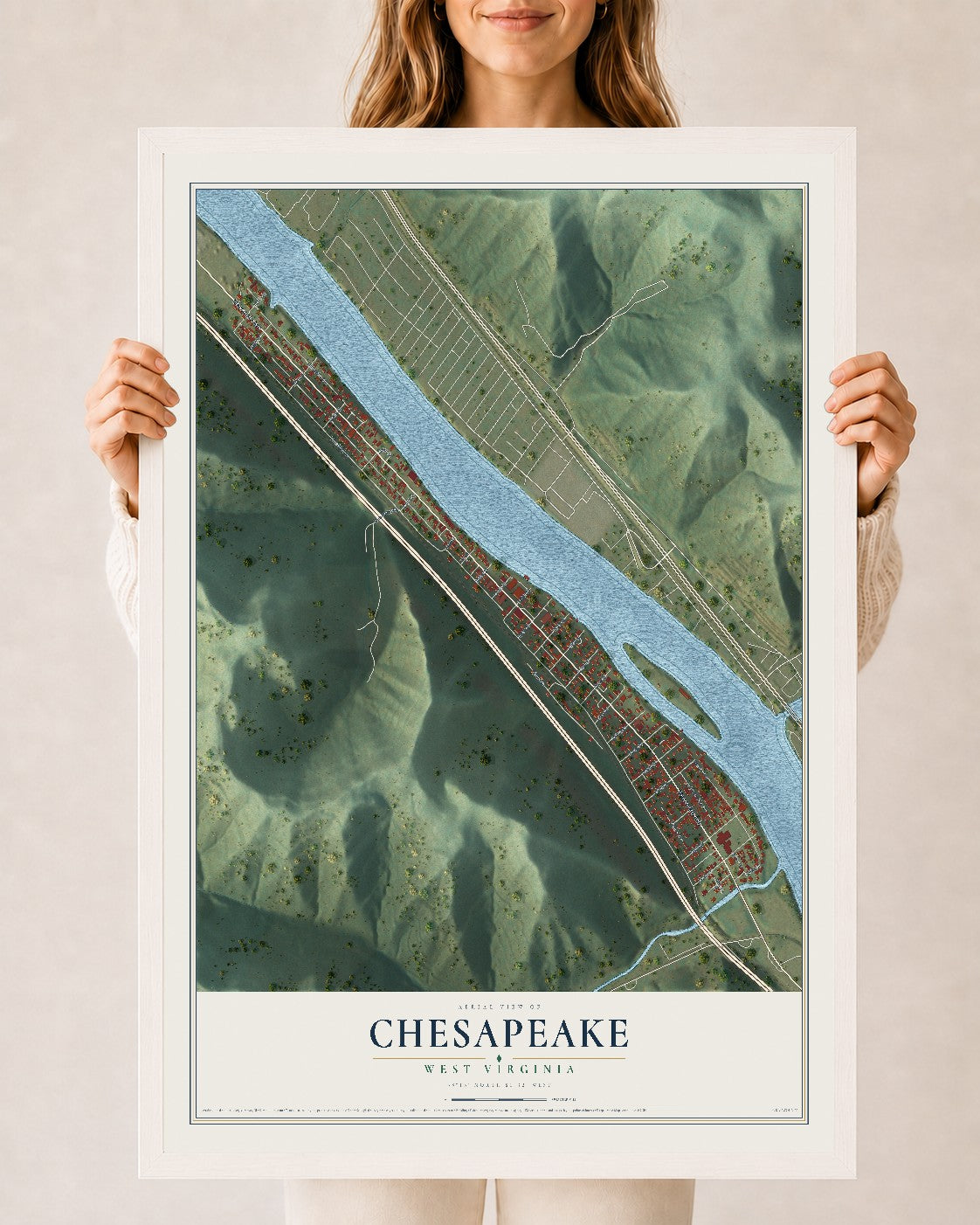 Map of Chesapeake, West Virginia, 24 x 36 inch print in a white wood frame