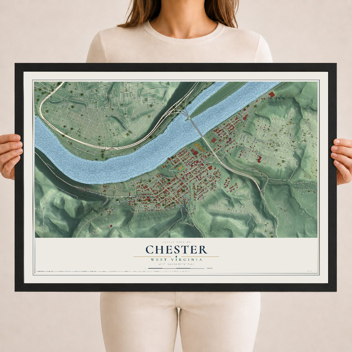 Map of Chester, West Virginia, 18 x 24 inch print in a black wood frame