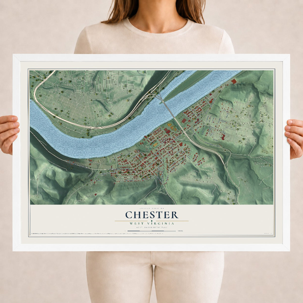 Map of Chester, West Virginia, 18 x 24 inch print in a white wood frame