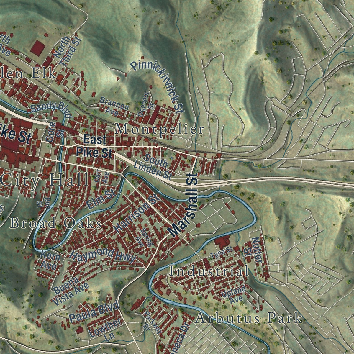 Close-up of the map of Clarksburg, West Virginia print showing street and building detail