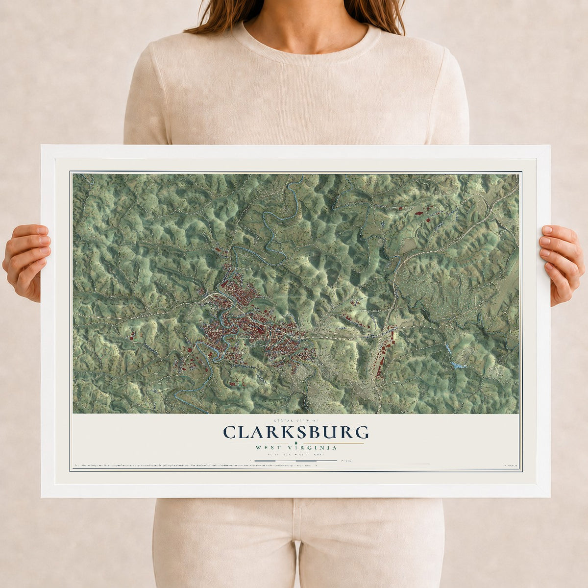 Map of Clarksburg, West Virginia, 12 x 18 inch print in a white wood frame