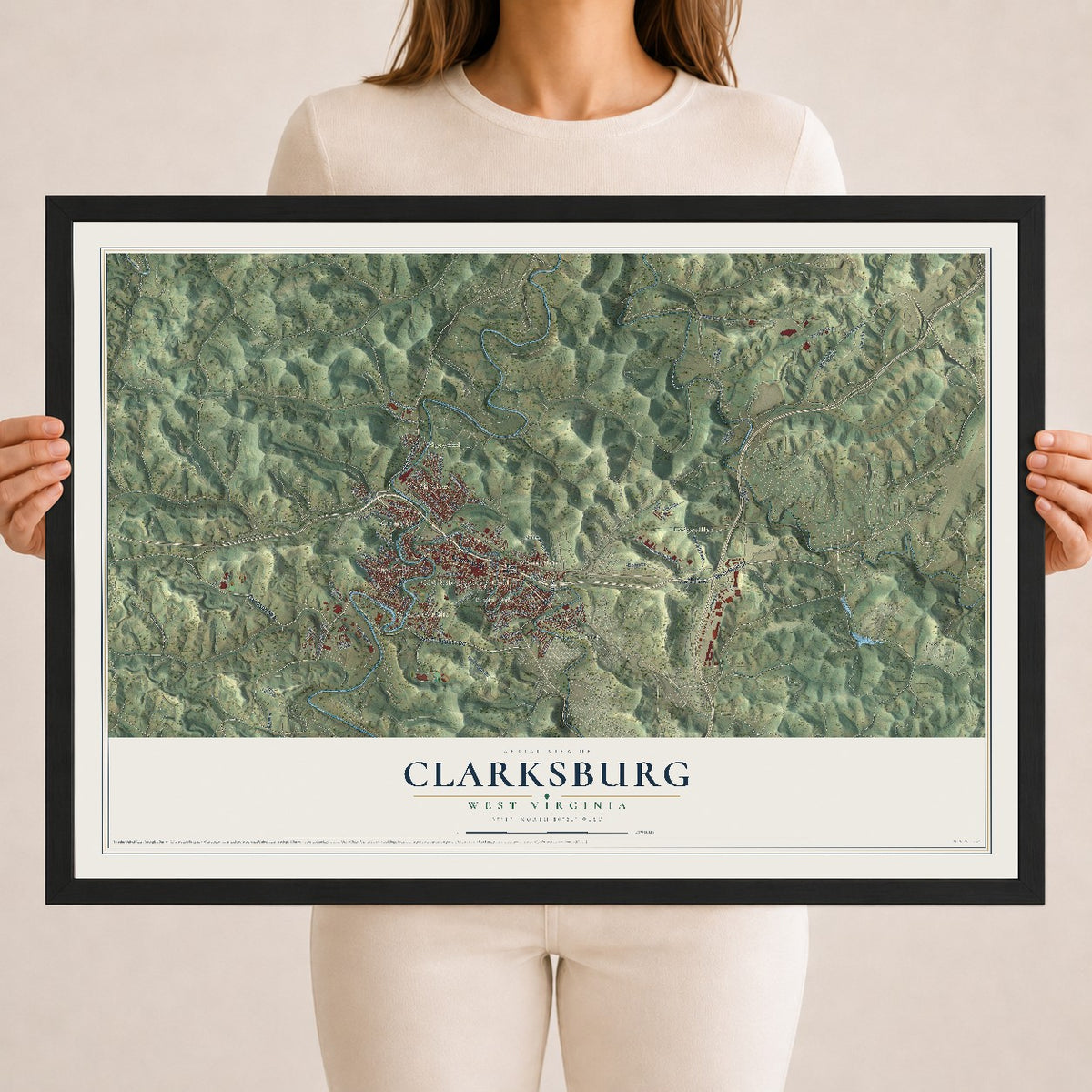 Map of Clarksburg, West Virginia, 18 x 24 inch print in a black wood frame