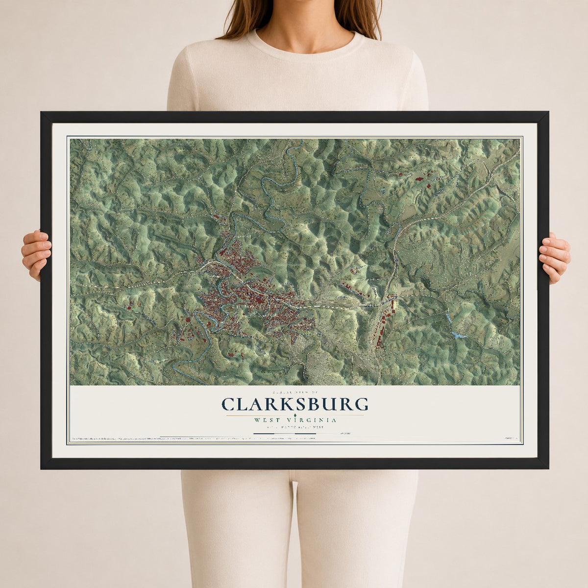 Map of Clarksburg, West Virginia, 24 x 36 inch print in a black wood frame