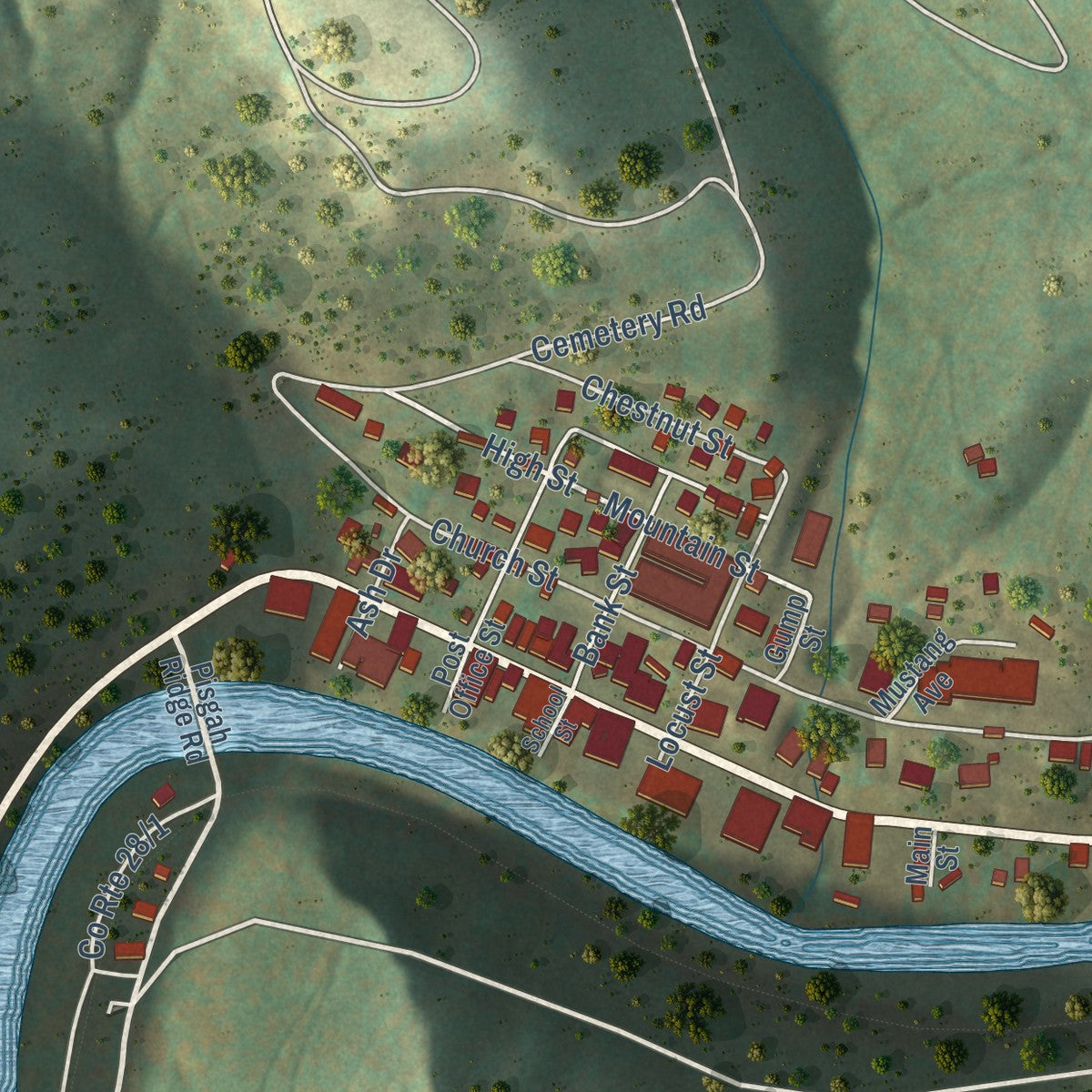 Close-up of the map of Clay, West Virginia print showing street and building detail