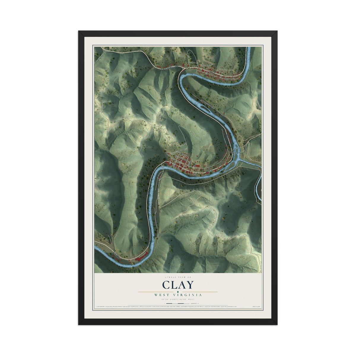 Map of Clay, West Virginia, 12 x 18 inch print in a black wood frame