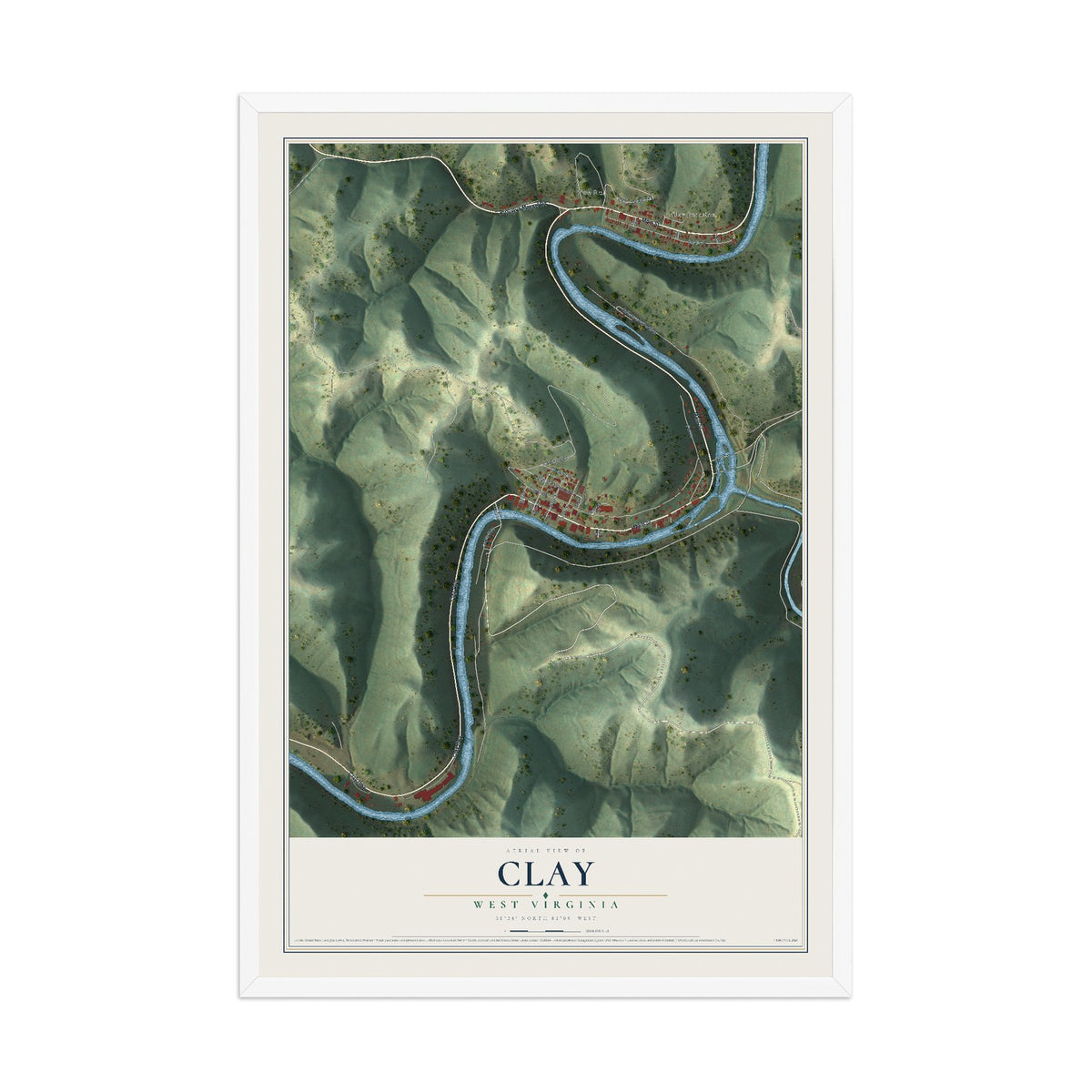 Map of Clay, West Virginia, 12 x 18 inch print in a white wood frame